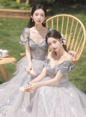 灰色伴娘服2025新款秋冬季婚礼姐妹团晚礼服女小众显瘦连衣裙批发