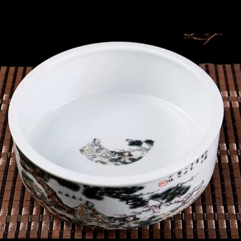 创意陶瓷茶桌垃圾废水烟灰缸大码 家用客厅中式直身摆件 多功能缸