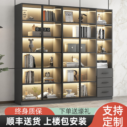 书柜玻璃门手办展示柜轻奢定制柜子家用客厅一体整墙到顶落地书架