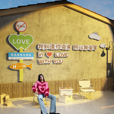 咖啡店墙面装饰画馆角厅打卡摆件拍照门口布置红墙壁区网氛围贴纸