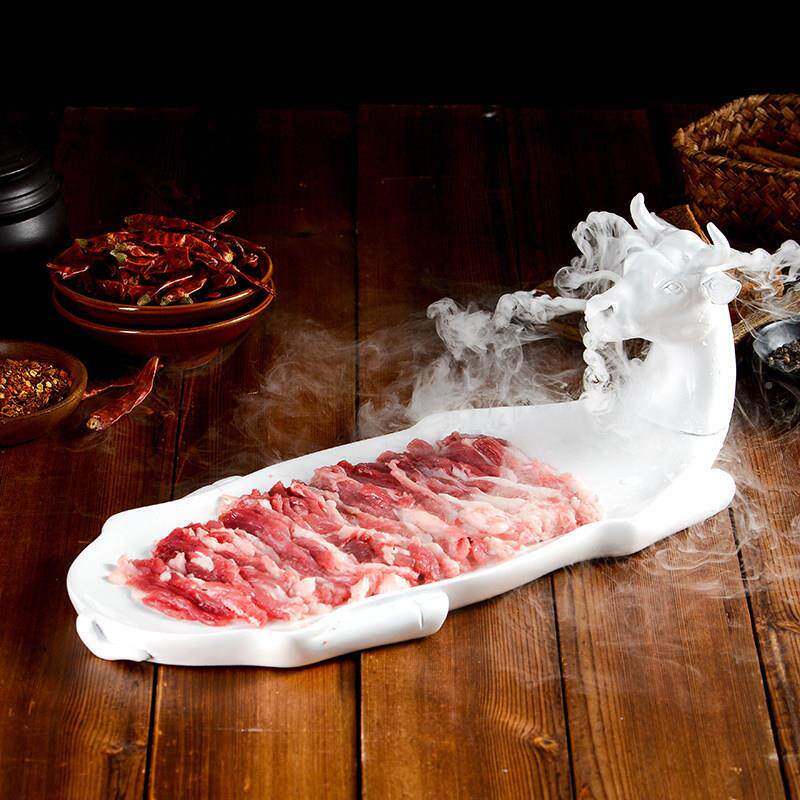创意盘特色铜锅手涮肉羊肉干冰羊牛形PPH火锅餐具现切羊肉卷专用