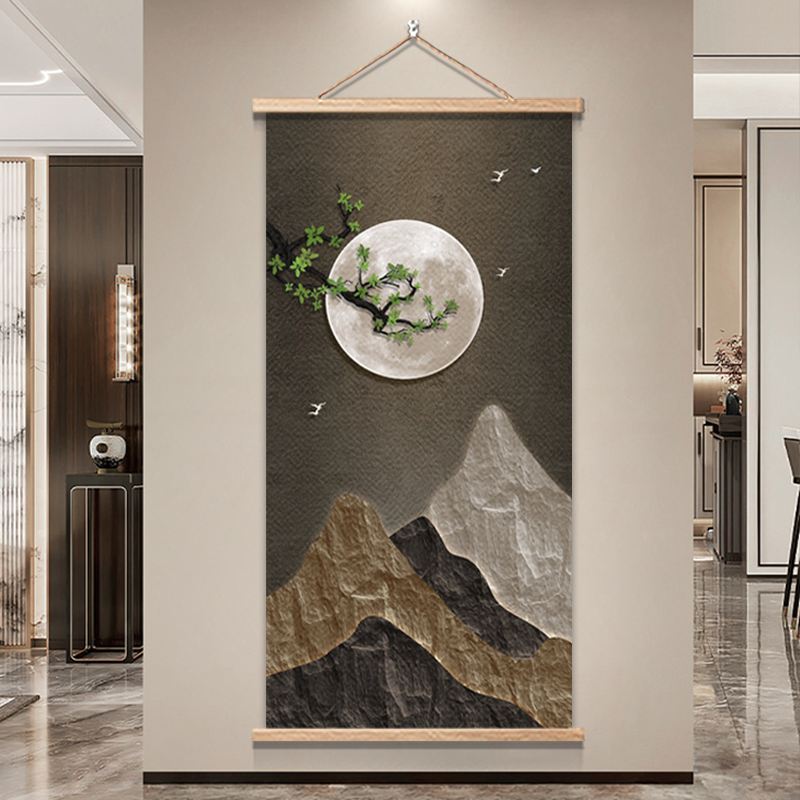中式山水月亮挂画玄关卧室装饰画现代简约绿意客厅电视柜挂画