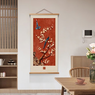 喜鹊登枝新中式花鸟装饰画客厅餐厅挂画棉布手巾手工印染国风挂画