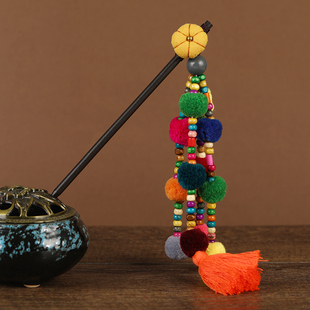 复古民族风彩色绒球发簪个性夸张盘发发钗度假拍照长款步摇簪子女