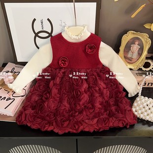 过年服女童冬季加绒衣服红色新年战袍背心裙女宝宝周岁拜年服裙子