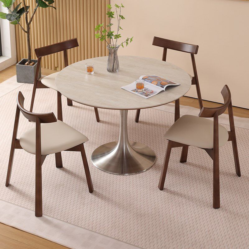 洞石岩板圆桌家用圆餐桌小户型中古风圆形饭桌郁金香洽谈桌椅组合