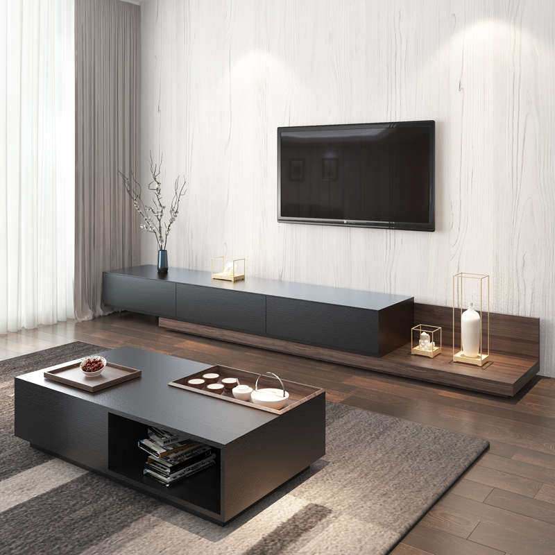 新款现代简约茶几北欧黑色大纹橡木小户型物储客厅茶桌长方形创意