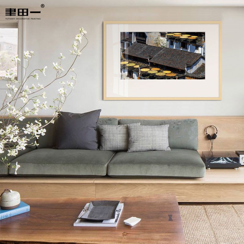 新中式客厅装饰画餐厅背景古典屋檐挂画民宿酒店卧室床头建筑壁画
