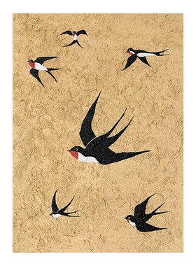 中古风燕子手绘油画原木框玄关客厅归来风无装饰画燕挂画黄色肌理