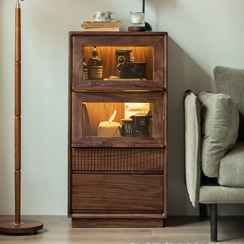 北美黑胡桃木实木边柜沙发立柜斗柜翻盖玻璃门柜子客厅实木家具