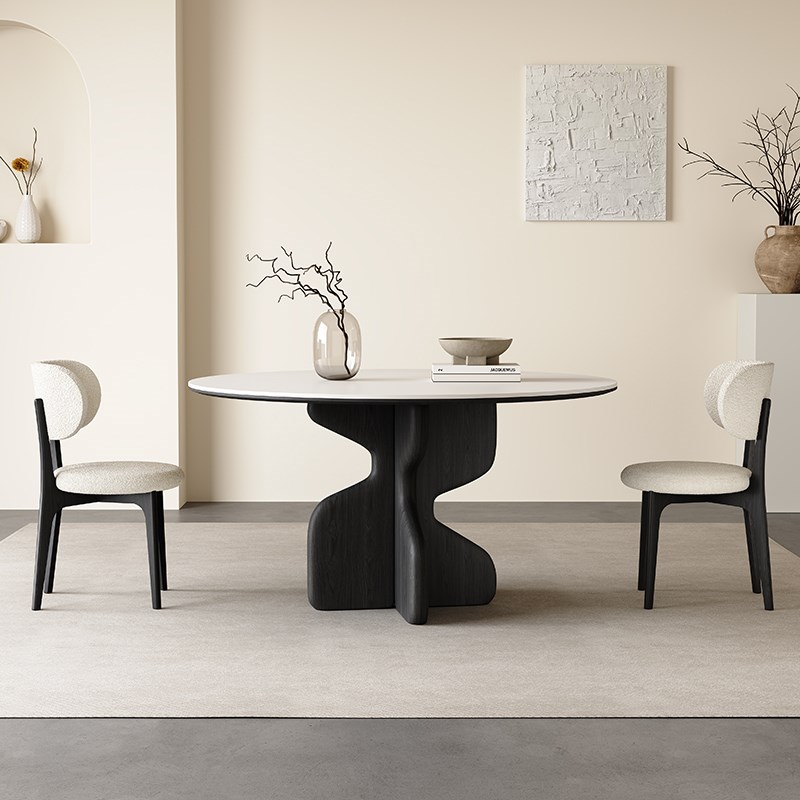 复古风实木圆桌家用带转盘黑色哑光设计师款法式实木岩板餐桌圆形