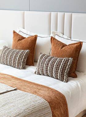 奶油中古风橙色系软装展示配搭多件套民宿样板房床上靠枕床尾毯