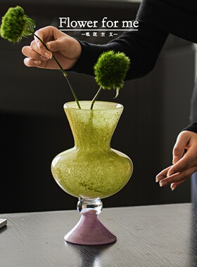 中古琉璃桌面花器花瓶高级感ins彩色多巴胺艺术桌面插花装饰摆饰
