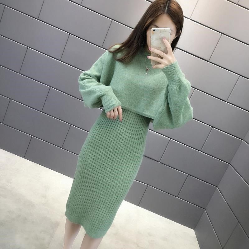 春秋小个子搭配显高毛线裙套装牛油果绿针织毛衣吊带背心裙两件套