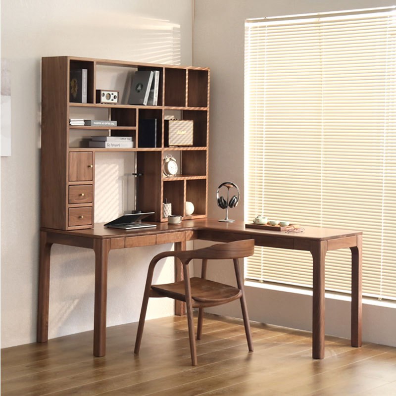 北美实木黑胡桃木书桌书架一体桌组合转角型拐角樱桃木电脑办公桌