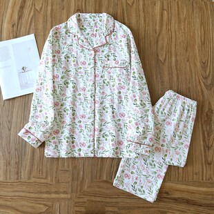 家居服套装 春秋纯棉纱布睡衣女士夏开衫 绉布全棉可爱薄款 长裤 长袖