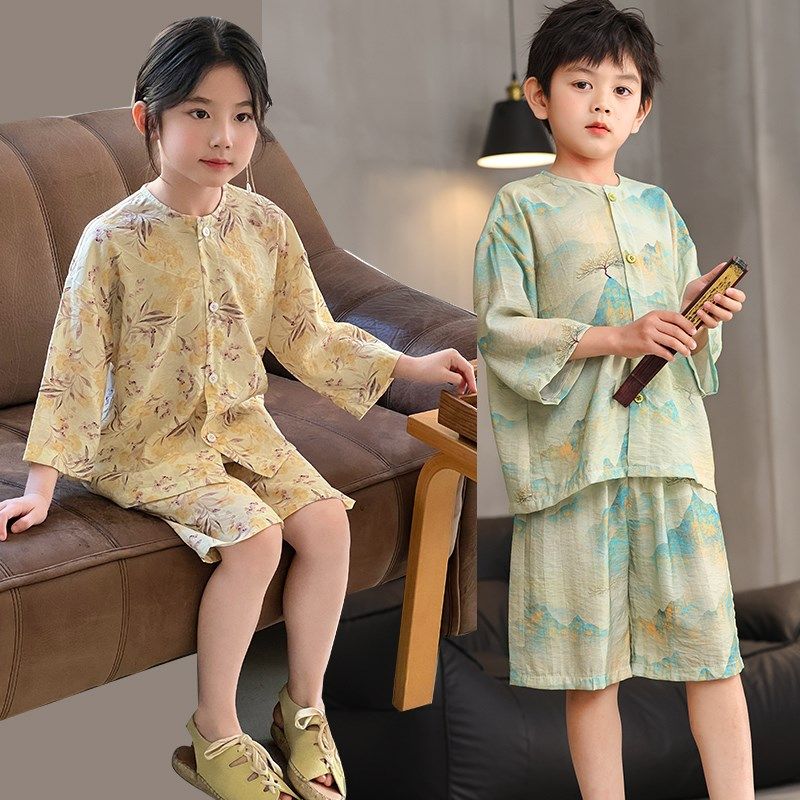 男童棉绸睡衣2024新款薄夏季七分袖短裤儿童空调家居服中国风套装,童装/婴儿装/亲子装,家居服套装,淘宝优惠券,粉丝福利购,淘宝优惠卷