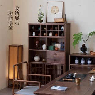 璞木新中式黑胡桃实木多宝阁博古架茶壶茶柜书柜茶叶置物架展示柜