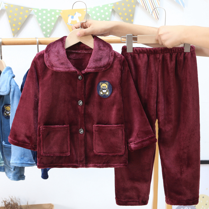秋冬季儿童睡衣法兰绒加厚宝宝小孩套装男童女童长袖珊瑚绒家居服