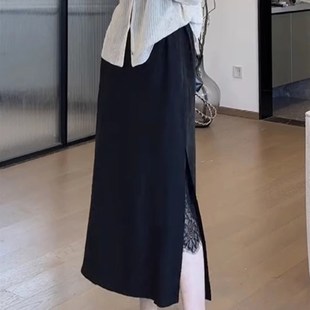 蕾丝开叉半身裙女垂感大码夏季薄款胖妹妹mm宽松显瘦中长款a字裙