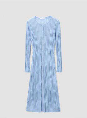 OVV秋冬新款女装羊毛立体曲线坑条装饰圆领长袖针织连衣裙