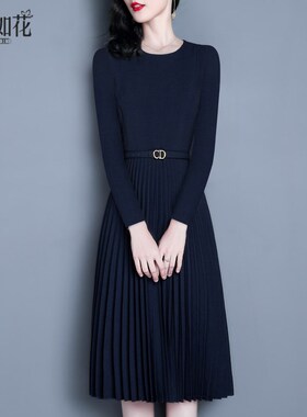 百褶裙2025春秋新款气质名媛修身a字中长款藏蓝色长袖打底连衣裙