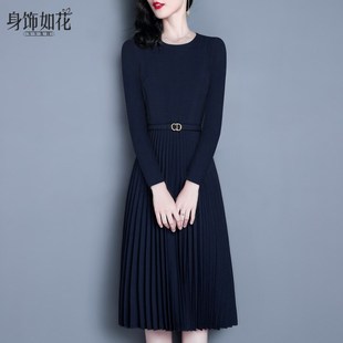 百褶裙2025春秋新款气质名媛修身a字中长款藏蓝色长袖打底连衣裙