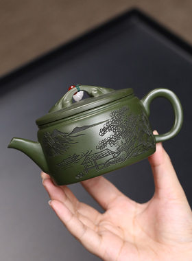 宜兴紫砂壶全纯手工正宗绿泥大容量刻绘汉瓦壶家用泡茶壶套装单壶