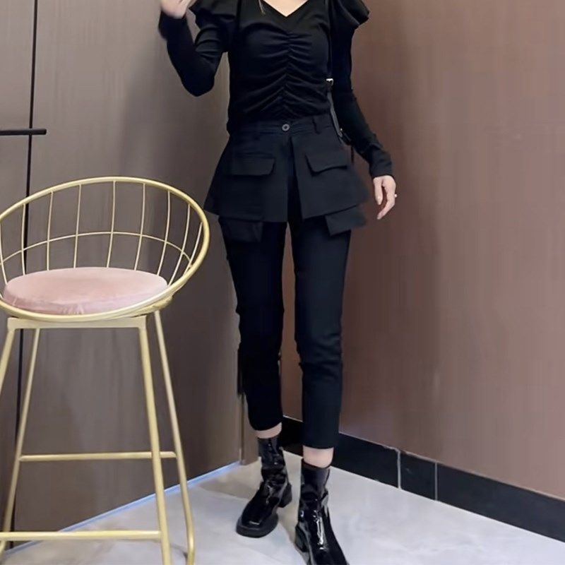 秋季新款假两件围裙裤女弹力显瘦小脚裤百搭西装裤时尚直筒九分裤