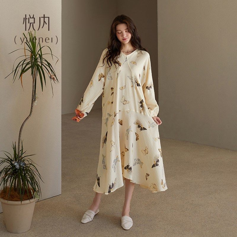 悦内睡裙女士睡衣春夏款夏季纯棉纱布全棉长袖长款春秋薄款连衣裙