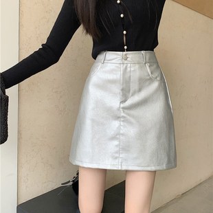 大码黑色pu小皮裙半身裙女秋冬高腰显瘦A字裙小个子遮胯包臀短裙