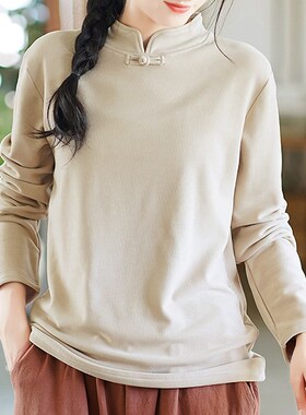 德绒高级感t恤女春秋2024年新款茶服上衣外套宽松盘扣复古打底衫