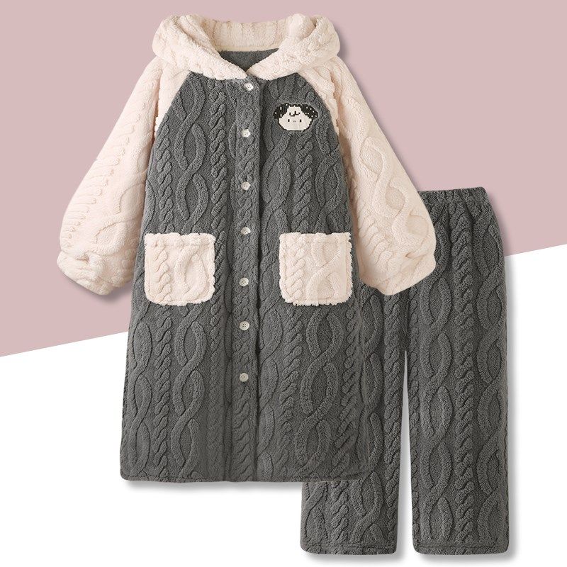 萌小兔卡通睡衣女款秋冬情侣加厚珊瑚绒家居服男款睡袍套装