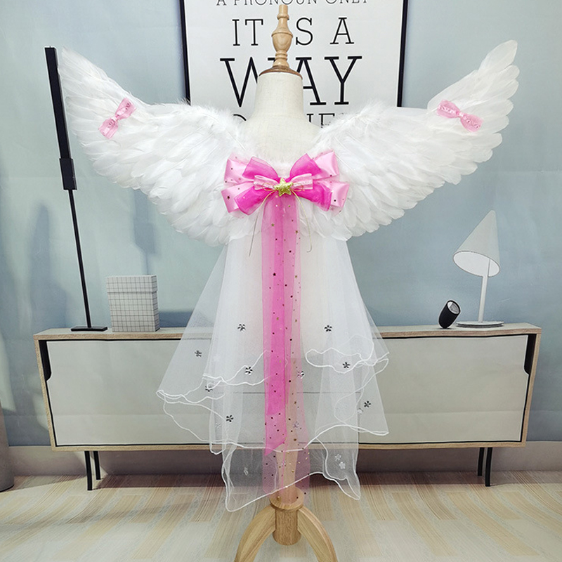 高端女童天使羽毛翅膀白色儿童舞台毕业演出服小仙女装扮道具背饰
