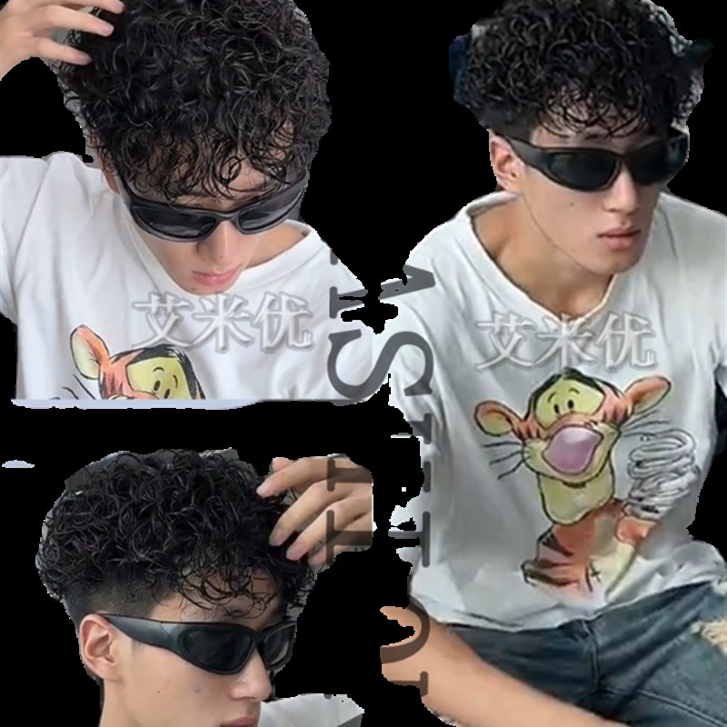 真人发卷发片男士假发头顶羊毛卷真发无痕轻薄小卷发假发片增发量