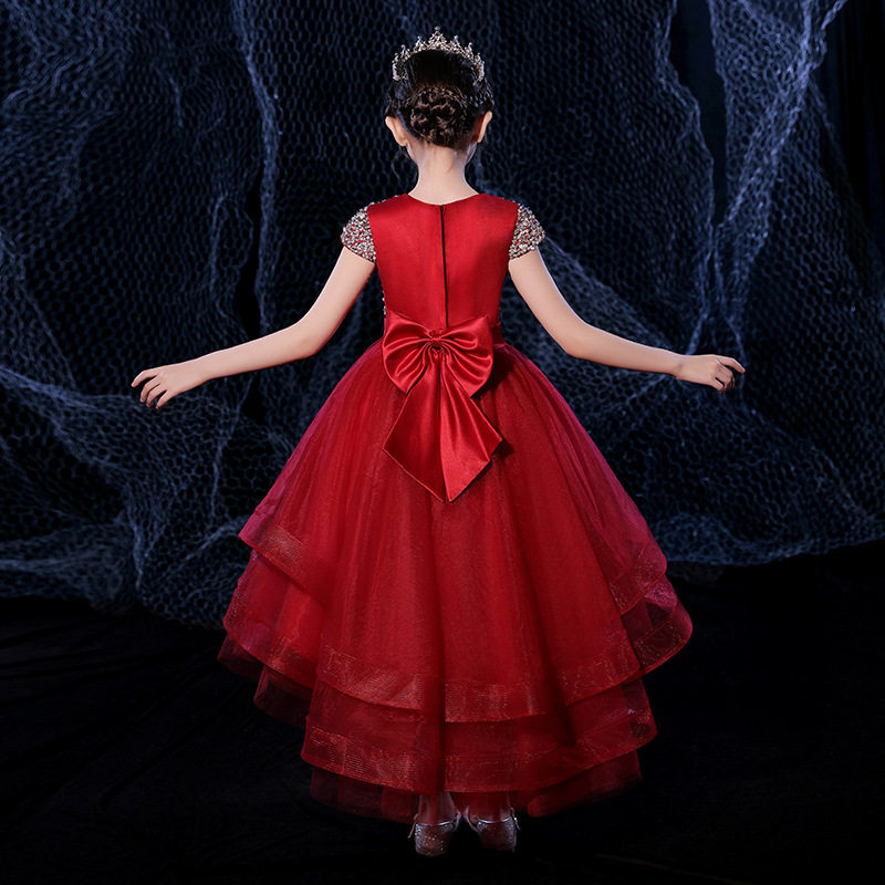 儿童晚礼服女童生日公主裙蓬蓬纱红色小主持人走秀女孩钢琴演出服