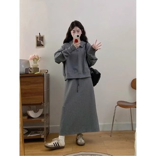 大码复古学院风套装女春秋休闲长袖卫衣胖MM显瘦高腰半身裙两件套