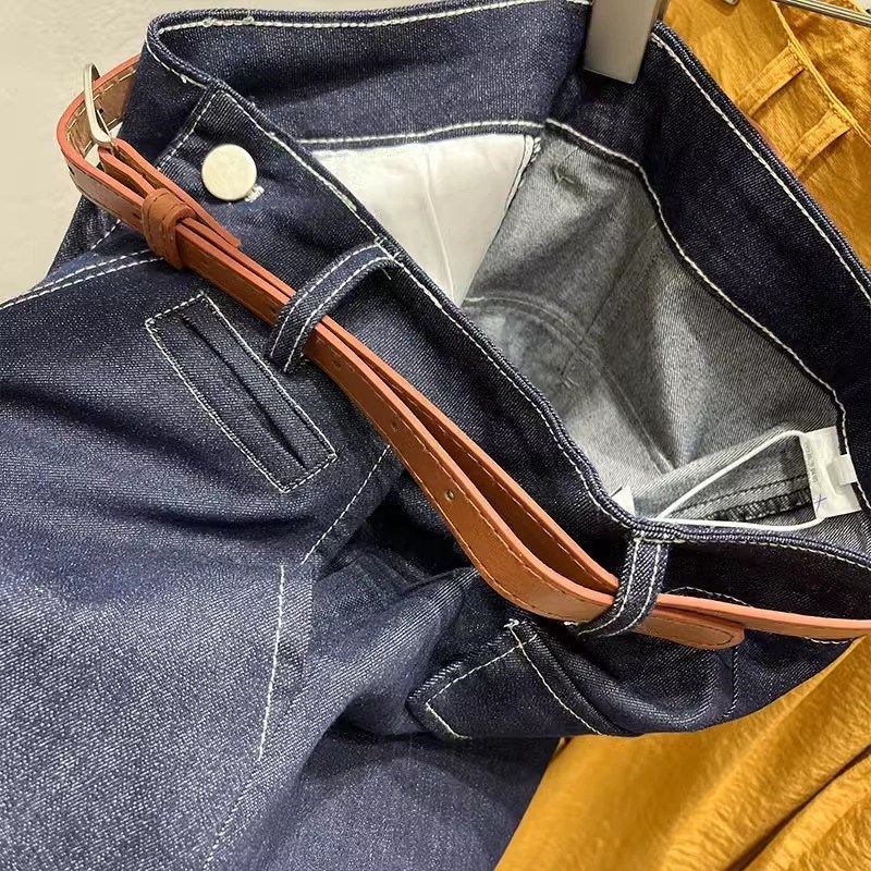 深蓝色九分牛仔阔腿裤女2024年夏季新款高腰显瘦薄款小个子直筒裤