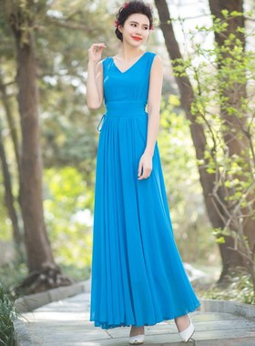 气质复古风v领无袖天蓝色雪纺系带连衣裙海边度假大摆抽绳长裙子