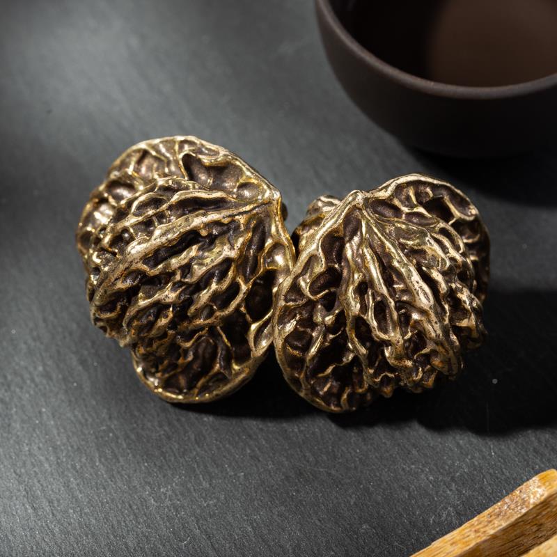 实心核ZPQ文玩古玩核帽桃手把件一对纯黄铜官狮子头桃把玩摆件握