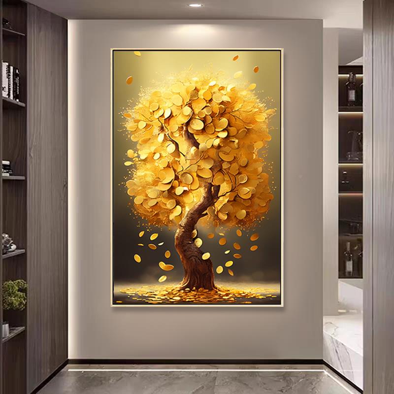 网红轻奢发财树头玄关装饰入户黄金满地正对门走廊道过尽挂画高级