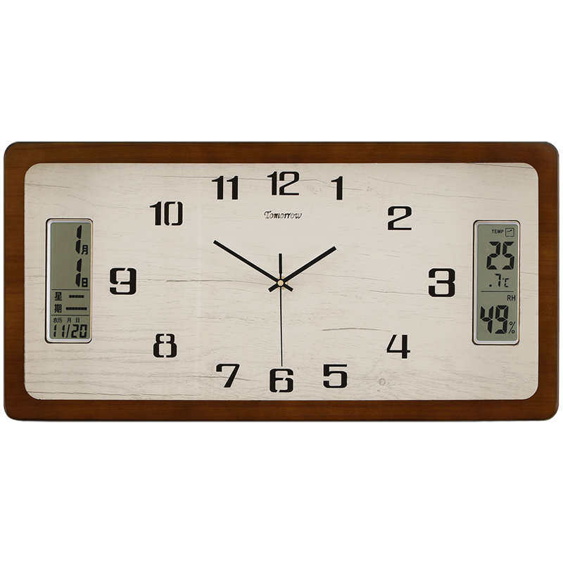 新中式实木挂钟万年历家用装饰石英钟简约时钟现代客厅长方形钟表