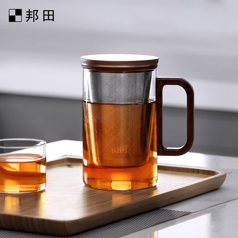 邦田茶水分离杯家用胡桃木带盖水杯玻璃杯功夫茶杯新款办公泡茶杯