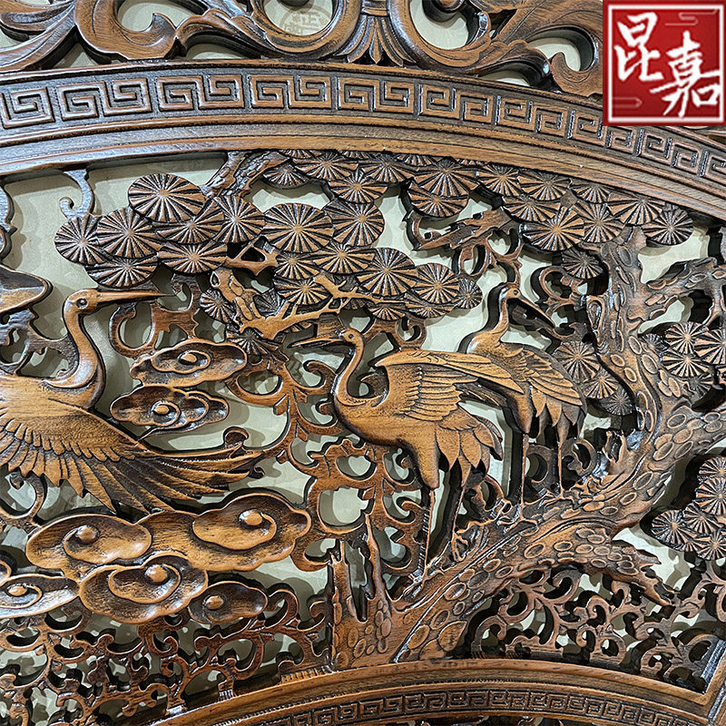 东阳木雕香樟木实木雕刻扇形新中式仿古玄关客厅背景墙装饰品挂件