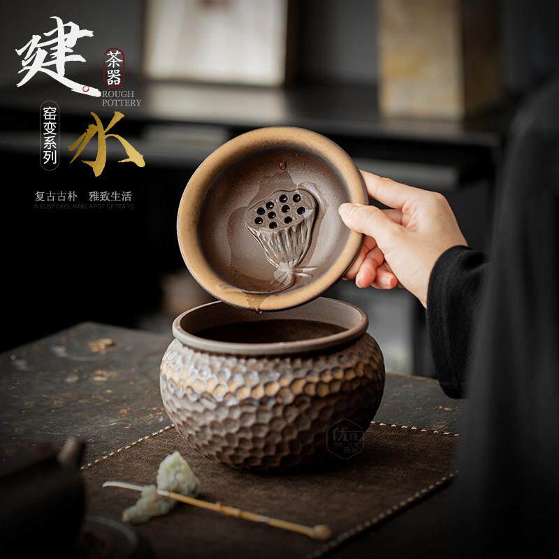 粗陶复古建水茶缸渣锤纹茶陶瓷家用茶桌面废水缸茶件道配js-2025-