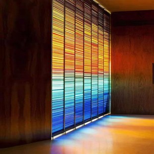 定制夹丝夹胶艺术玻璃隔断玄关屏风双层钢化夹绢画绢七彩渐层线条