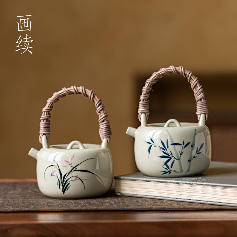 画续草木灰手绘竹子茶壶泡茶陶瓷家用藤编提梁壶兰花单壶中式小号