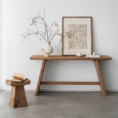 润家家居复古老松木侘寂风玄关台长方形长条桌实木条案原木边桌