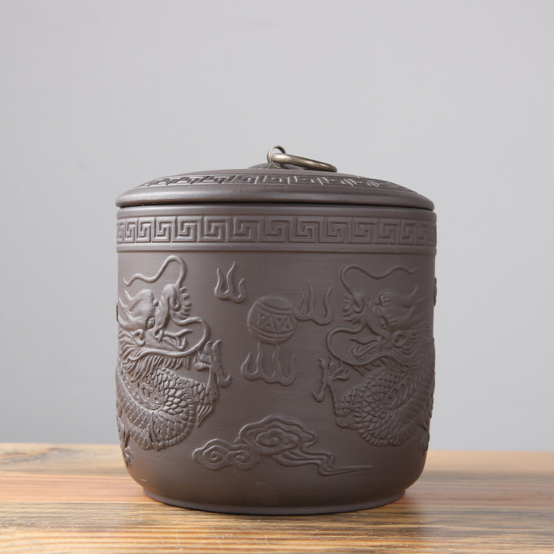 紫砂茶叶罐陶瓷密封罐防潮储存罐浮雕龙凤直桶茶罐普洱罐茶叶缸