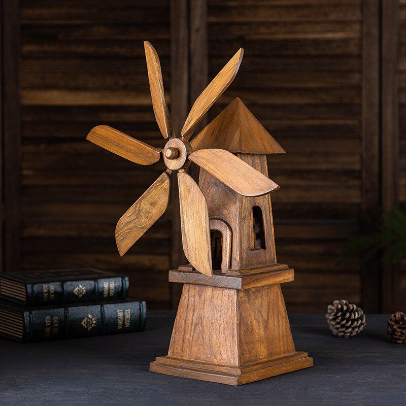莱骏实木工艺品清新休闲咖啡厅风车摆设泰式玄关客厅书房装饰摆件